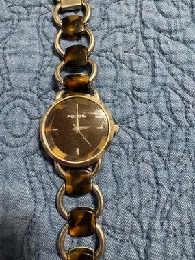 Fossil Tortoiseshell and Silver Link Watch with Black Dial